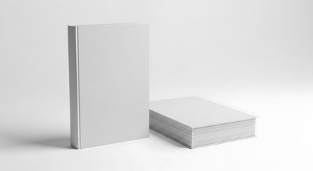 Blank Book Cover Mockup with Stacked Pages on White Background.