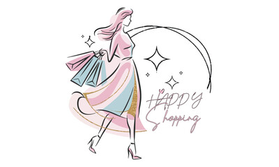 happy shopper, big sale, happy girl with shopping. Vector illustration of girl style cartoon  
