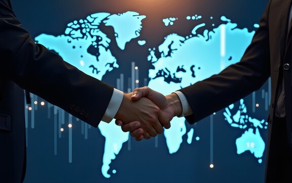 Businessmen handshake global stock market graph bar chart globe network connection links diagram background. Digital innovative technology internet communication agreement partnership teamwork concept