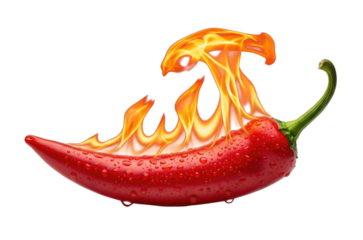 Red chili pepper on fire with flames transparent background cutout png