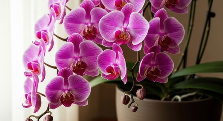 Fototapeta premium A beautiful orchid with pink and purple flowers in a pot.