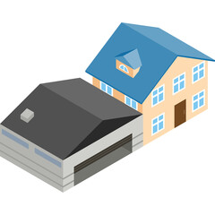Isometric view of a detached residential house and an attached garage with a blue roof and beige walls on a clear day