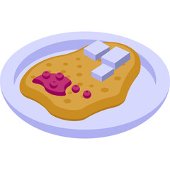 Isometric view of a golden brown pancake on a light blue plate topped with purple berry jam and three white sugar cubes against a transparent background