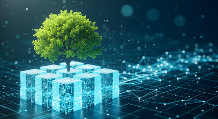 Sustainable technology concept with vibrant tree growing from digital circuit blocks