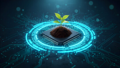Sustaining growth with innovation in technology, a seedling on a microchip circuit