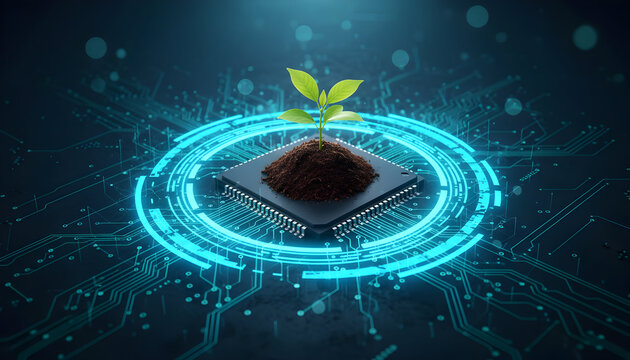 Sustaining growth with innovation in technology, a seedling on a microchip circuit