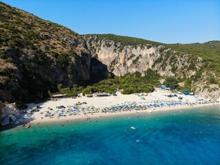 Summer day on Gjipe Beach on Ionian Sea in Albania. Drone point of view.