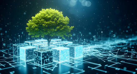 Sustainable technology concept with vibrant tree growing from digital circuit board