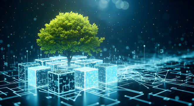 Sustainable technology concept with vibrant tree growing from digital circuit board