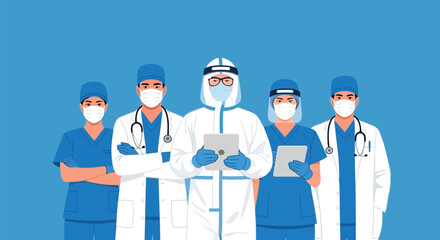 Team of healthcare workers in protective suits, masks, and face shields standing together, ready to fight the virus, isolated on blue background silhouettes avatar vector pack