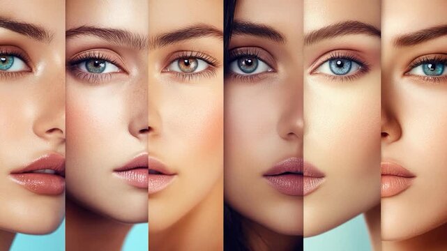 Video A creative portrait featuring a woman's face with multiple eye colors, great for editorial or advertising use