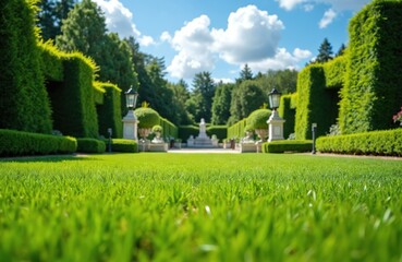 Fototapeta premium Ground level photo of a perfect green lawn. Manicured park with trimmed bushes trees. Decorative garden with stone statues and classic lamp posts under blue sky.