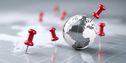Globe with red push pins indicating various locations on a world map, symbolizing global connectivity and communication in a modern digital landscape