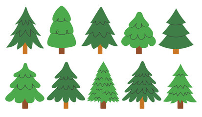 Set of Christmas trees in a flat cartoon style isolated on a background. Vector New Year and Christmas illustrations.