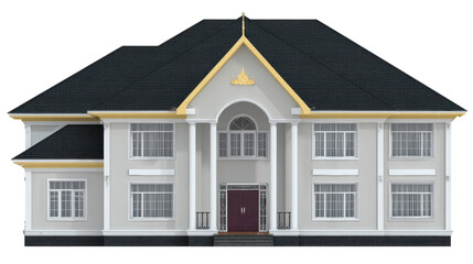 Elegant white mansion with gold trim, large arched entrance, black roof, and symmetrical windows, exuding luxury and sophistication, suitable for residential or official use