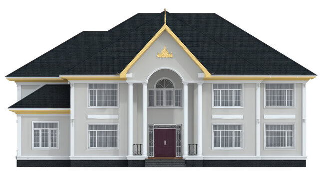 Elegant white mansion with gold trim, large arched entrance, black roof, and symmetrical windows, exuding luxury and sophistication, suitable for residential or official use