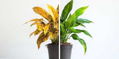 Healthy and unhealthy plant comparison in pot on clean background
