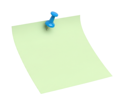 Light green sticky note pinned with a blue thumbtack transparent background cutout png