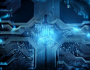 the circuit board with glowing blue traces and futuristic electronic network closeup