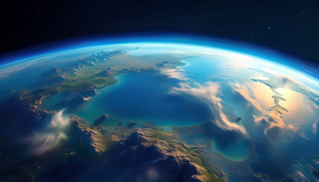 the earth seen from orbit showing curved blue atmosphere and cloud covered continents