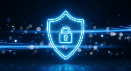 Glowing neon shield with padlock on dark blue background, symbolizing cybersecurity, data protection, and secure online transactions for digital safety and privacy