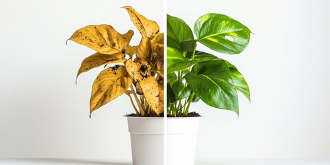 Before and after concept showing dying and thriving plant leaves in pot on clean background