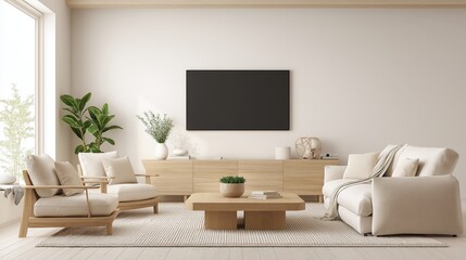 Perfect living room with white armchairs and sofas with TV on white aesthetic walls, interior design