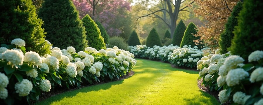 Garden with white hydrangeas shrubs and green lawn. Blooming flowers near the trees. Nature landscape background with the sunlight. The park is beautiful.