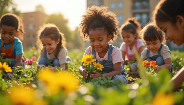 Diverse young children happily plant colorful flowers, cultivate greens in urban community garden project. Kids learn about nature, eco-friendly living, teamwork skills. Happy children work together