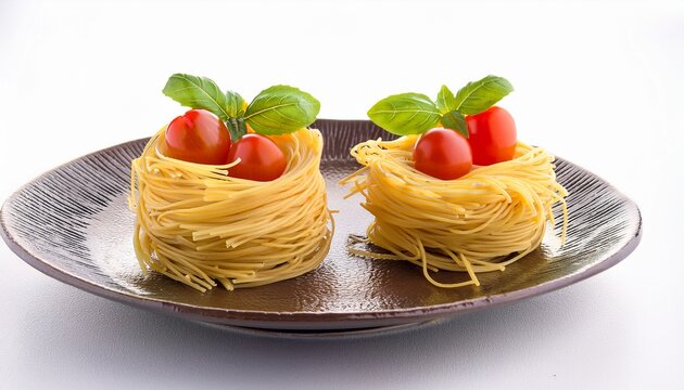 the spaghetti nests with cherry tomatoes and fresh basil on white background