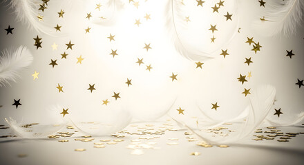 White feathers and gold stars falling background