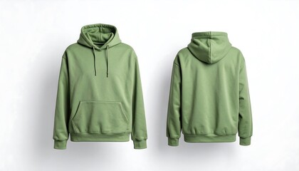 Plain green hoodie front and back view for a clothing catalog or collection, an isolated apparel mockup design