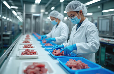 Workers in protective clothing carefully sort meat on conveyor belt in food factory. Production line of raw meat preparation. Meat industry process at plant with healthy products.
