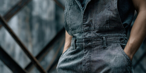 Industrial backdrop fashion rugged overalls, denim texture, moody tone, strong stance