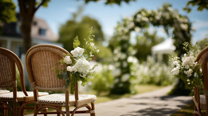 Obraz premium Empty area with wicker chairs and floral arch faceless wedding setup defocused garden background sunny summer day outdoor ceremony preparation romantic venue arrangement