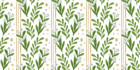 Christmas watercolor seamless pattern with green leaves of winter plants and white berries, golden shiny stripes. Vertical pattern with decorative plants. Holiday print for wallpaper and fabric.
