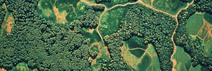 Top view of lush woodland and grassy terrain with winding paths
