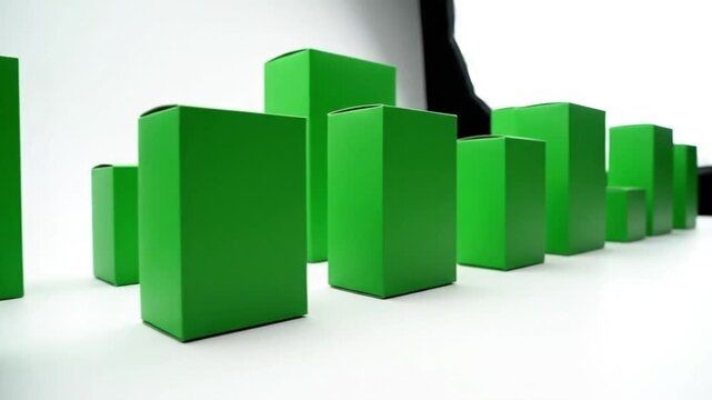 An abstract cityscape or data graph made from plain green boxes of various sizes on a white background.