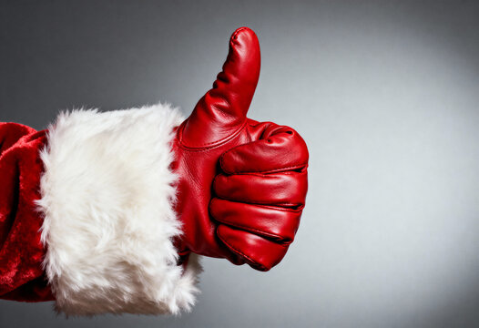 Santa Claus hand in red leather glove giving thumbs up gesture, symbol of approval and agreement, fun Christmas celebration - Powered by Adobe