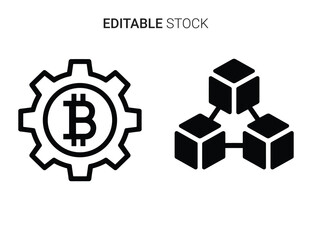 Blockchain network and bitcoin processing concept with interconnected cubes and gear icon