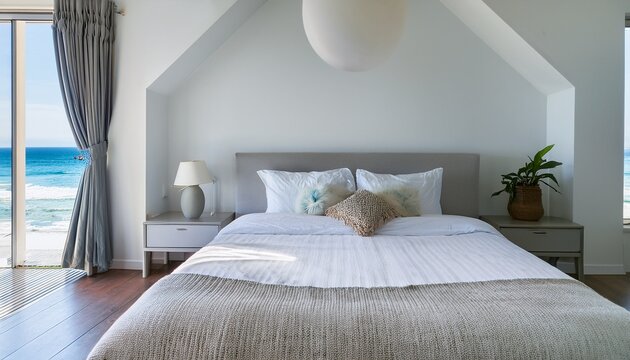 serene white bedroom with ocean view and natural light - Powered by Adobe