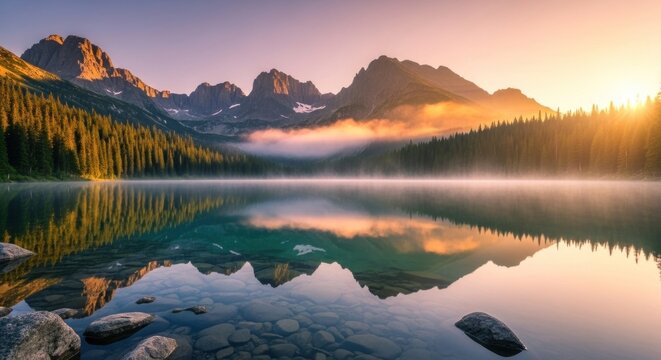 A serene mountain lake at sunrise with fog and a reflection of the mountains.