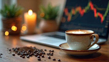 Latte art in a ceramic mug sits on wooden desk. Laptop displays financial graphs, coffee beans spread around. Candle and small green plants beside. Warm, cozy atmosphere.