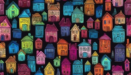 colorful chalk cottages on blackboard seamless pattern