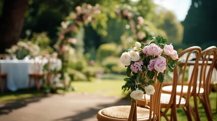 Empty area with wicker chairs and floral arch faceless wedding setup defocused garden background sunny summer day outdoor ceremony preparation romantic venue arrangement