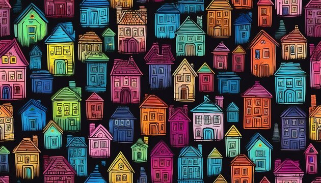 colorful chalk cottages on blackboard seamless pattern