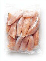 Fresh raw fish fillets packed in sealed plastic bag on white background