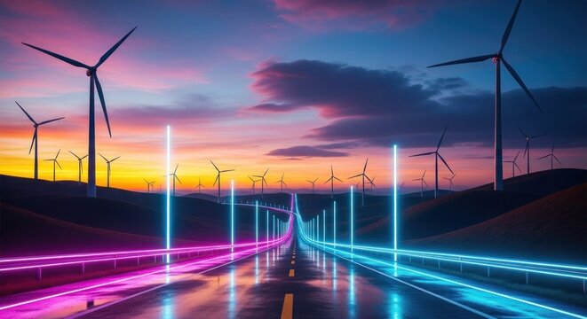 A futuristic road with wind turbines and neon lights at sunset. - Powered by Adobe