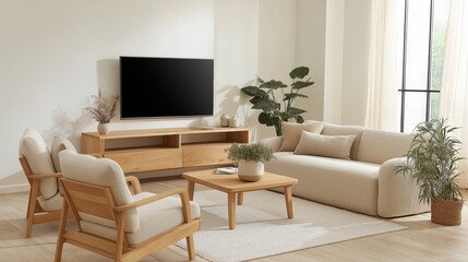Perfect living room with white armchairs and sofas with TV on white aesthetic walls, interior design