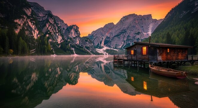 A serene mountain lake with a wooden boathouse and a boat at sunset, reflecting the vibrant colors of the sky.